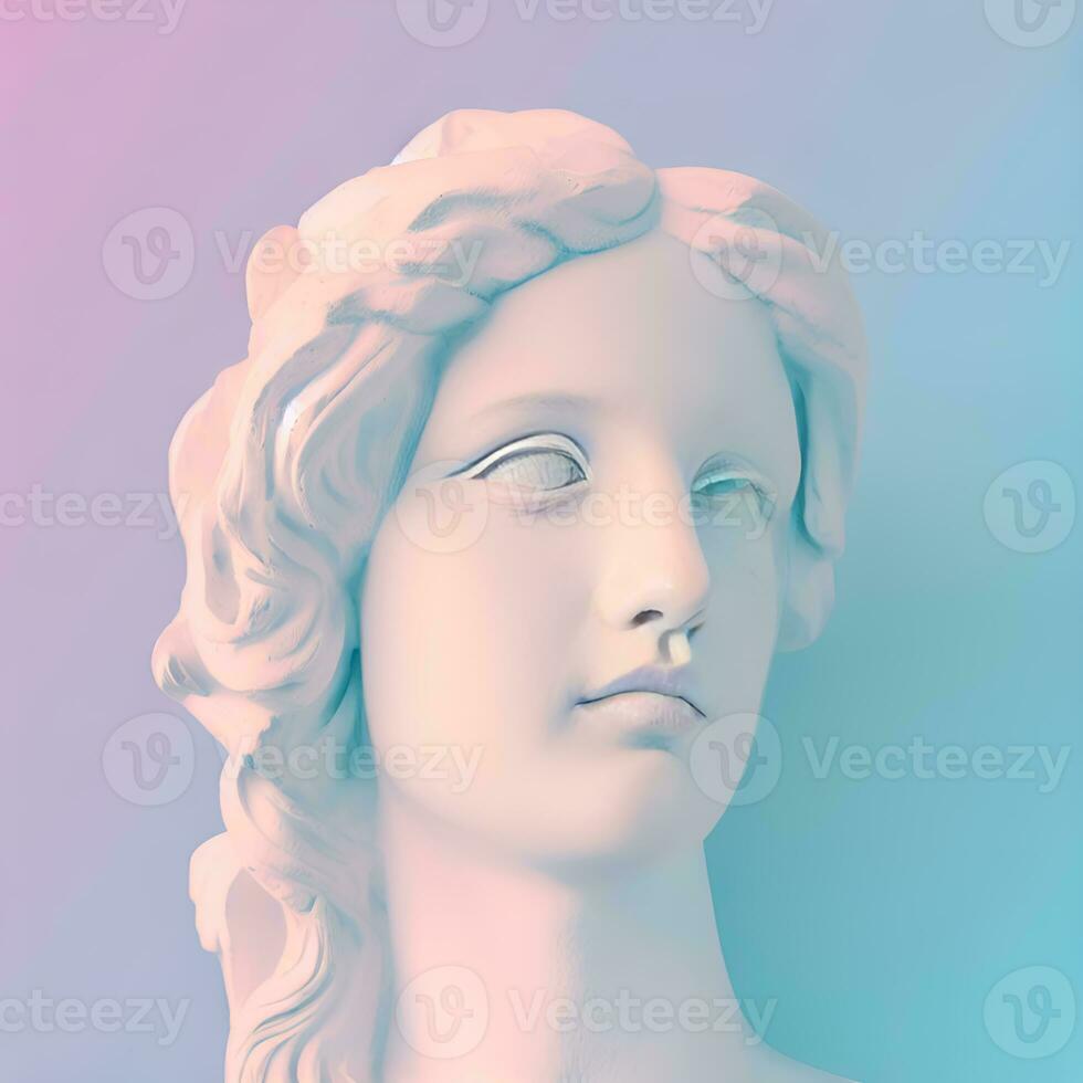 Gypsum copy of the ancient statue of Venus de Milo in pastel tone for artists on pink blue background. Plaster sculpture of a woman's face. Art modern poster in soft colors. Love, beauty, feminism. photo