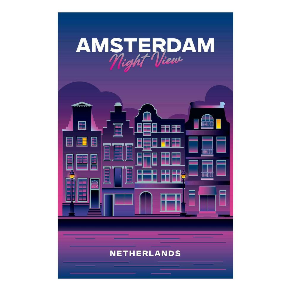 Amsterdam night view retro poster design, perfect for wall decor and t shirt design vector