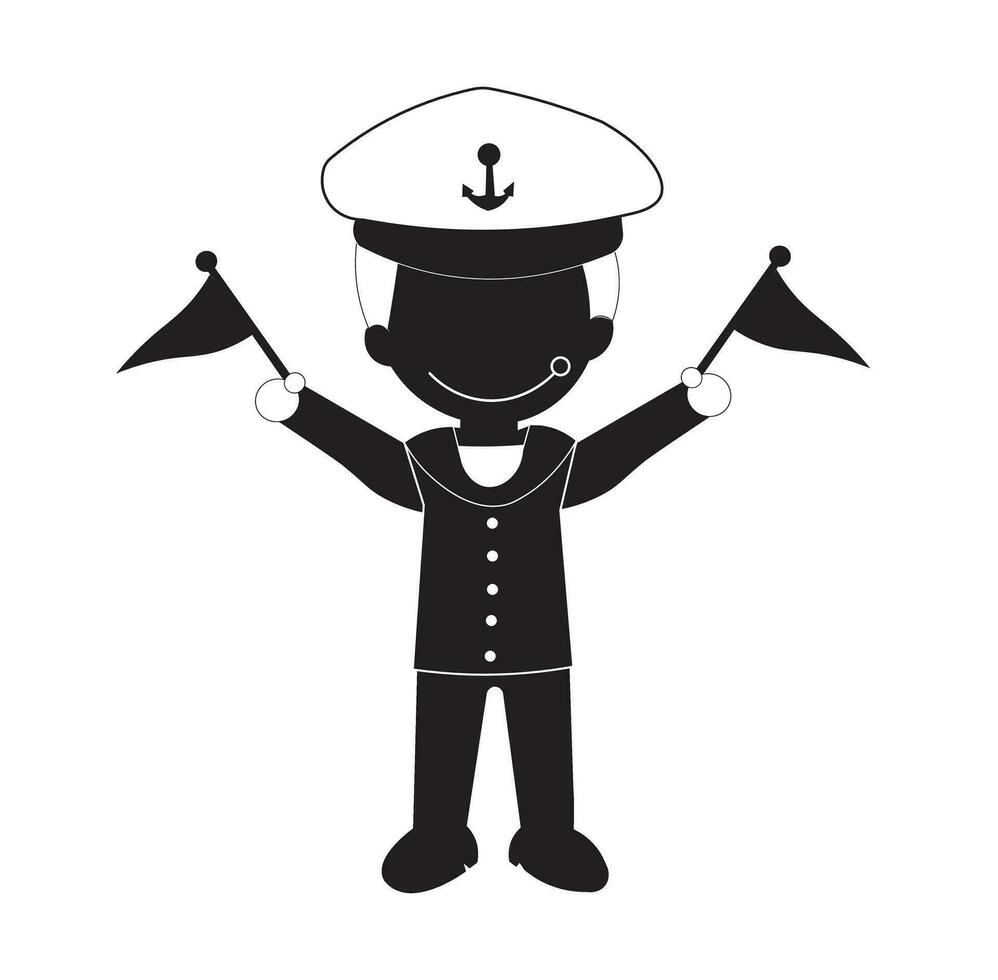 sailors day vector design illustration. boy in sailor suit holding flag. with black and white silhouette style. suitable for mascot, advertisement, poster, icon, logo, community, t-shirt design