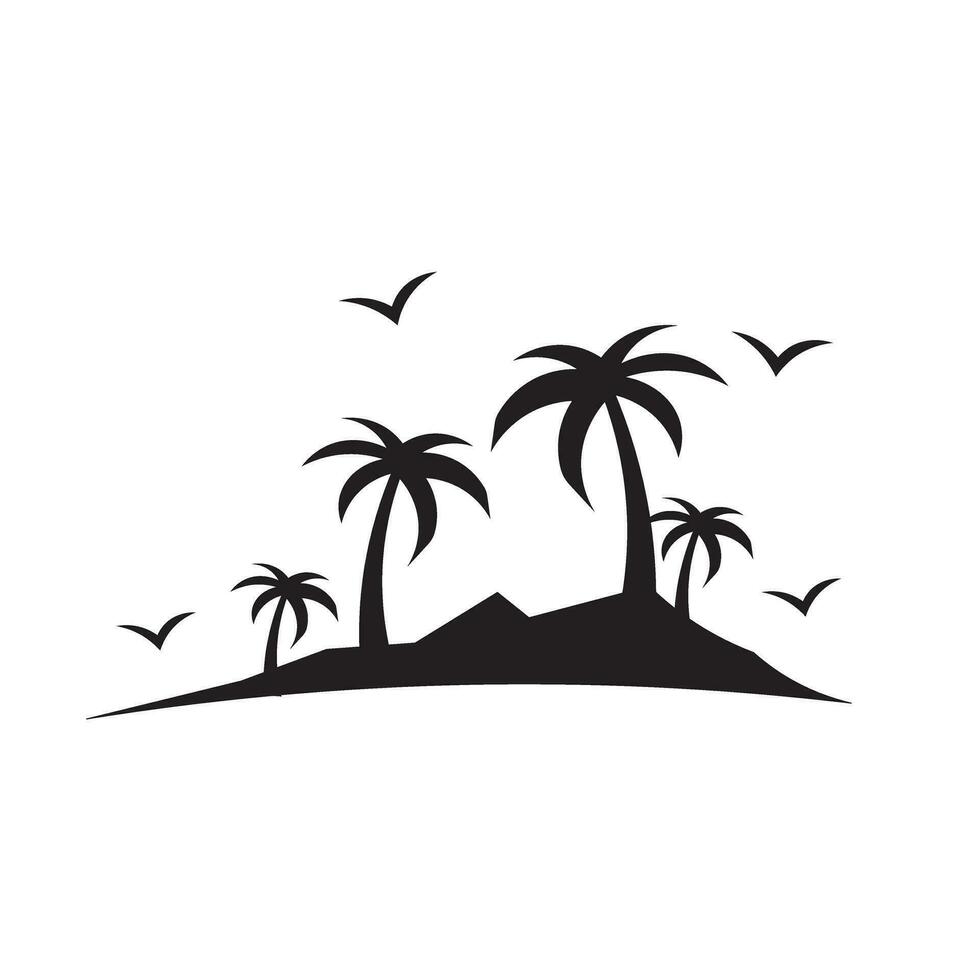 vector design illustration of beach scene, island with coconut trees and birds. with a black silhouette style. suitable for summer day, logo, icon, t-shirt design, concept, poster, website.