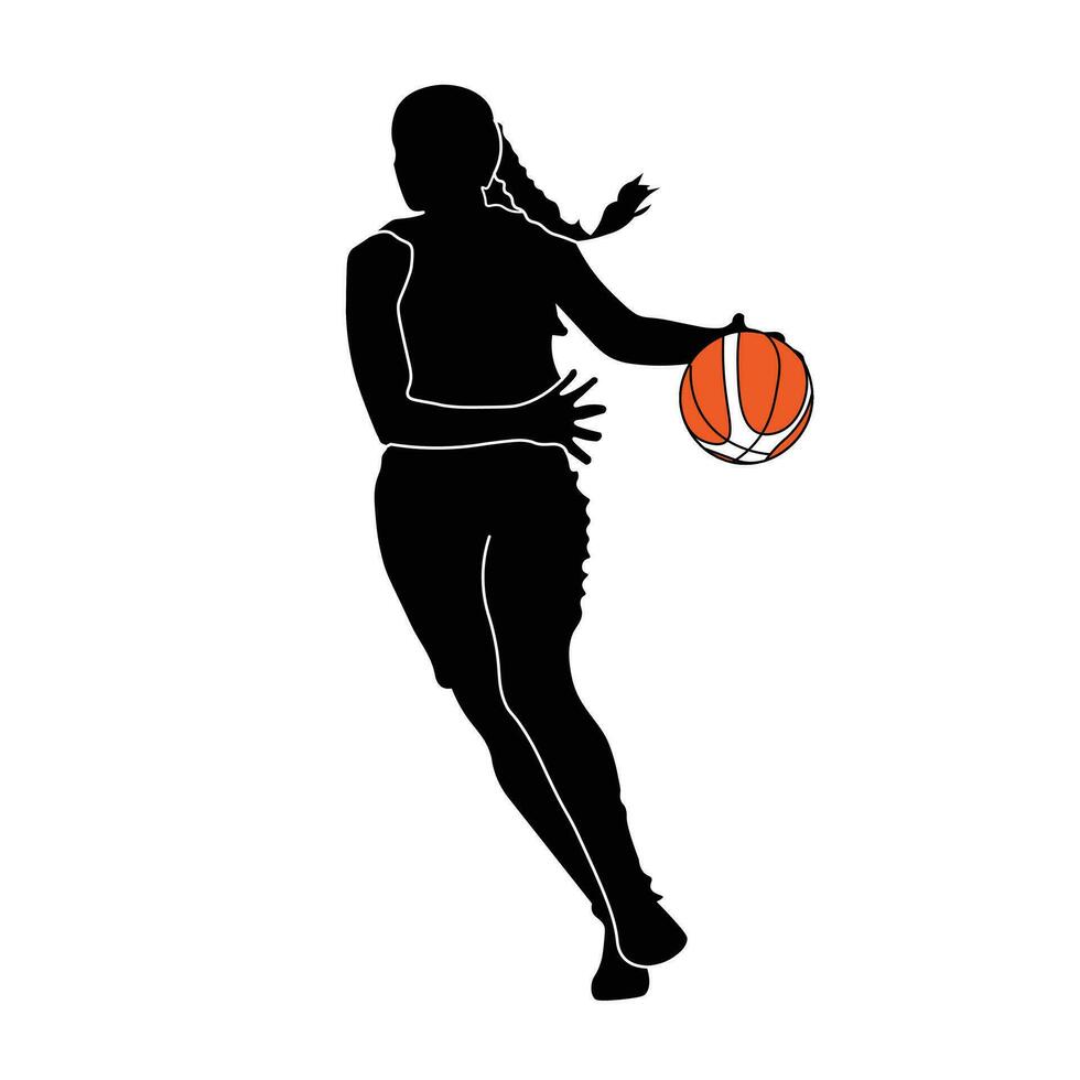 3d logo design vector illustration. girl is dribbling basketball in black and white silhouette style. suitable for basketball sports logos, sports icons, posters, t-shirt designs, advertisements.