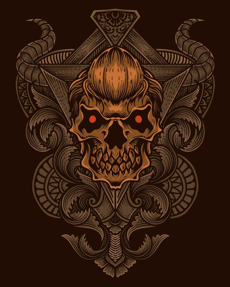 demon skull with antique engraving ornament vector