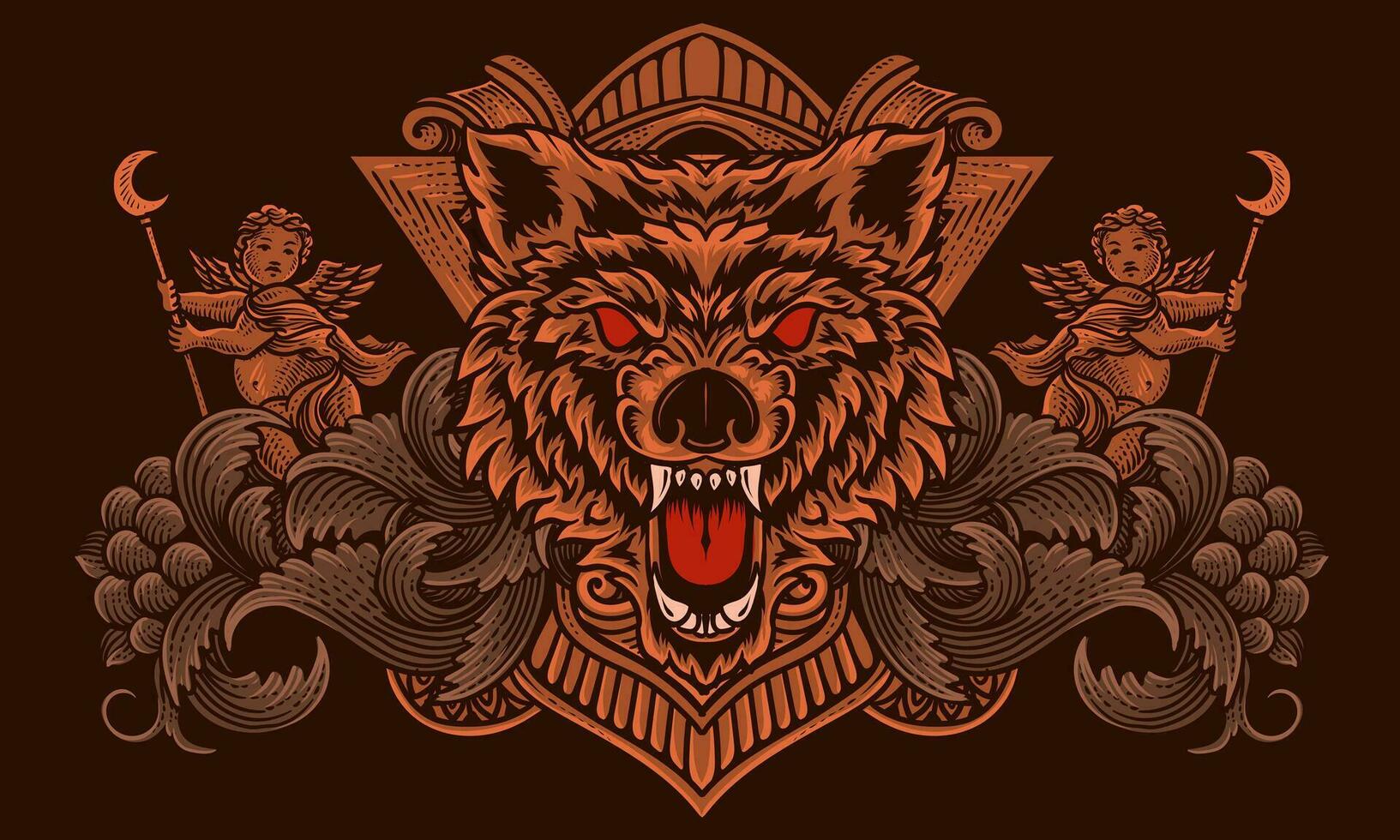 Angry wolf head with antique engraving ornament vector