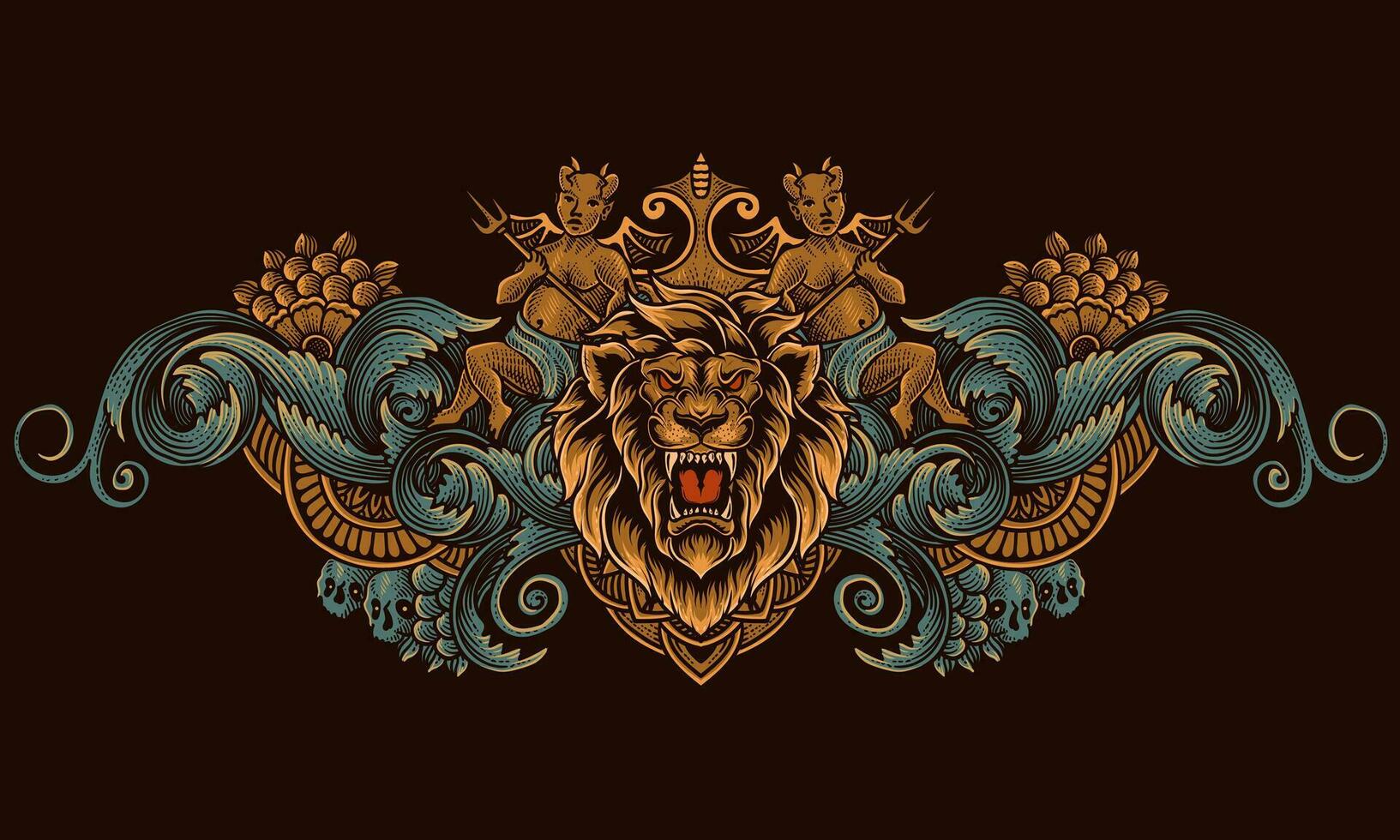 Lion head with two demon antique engraving style vector