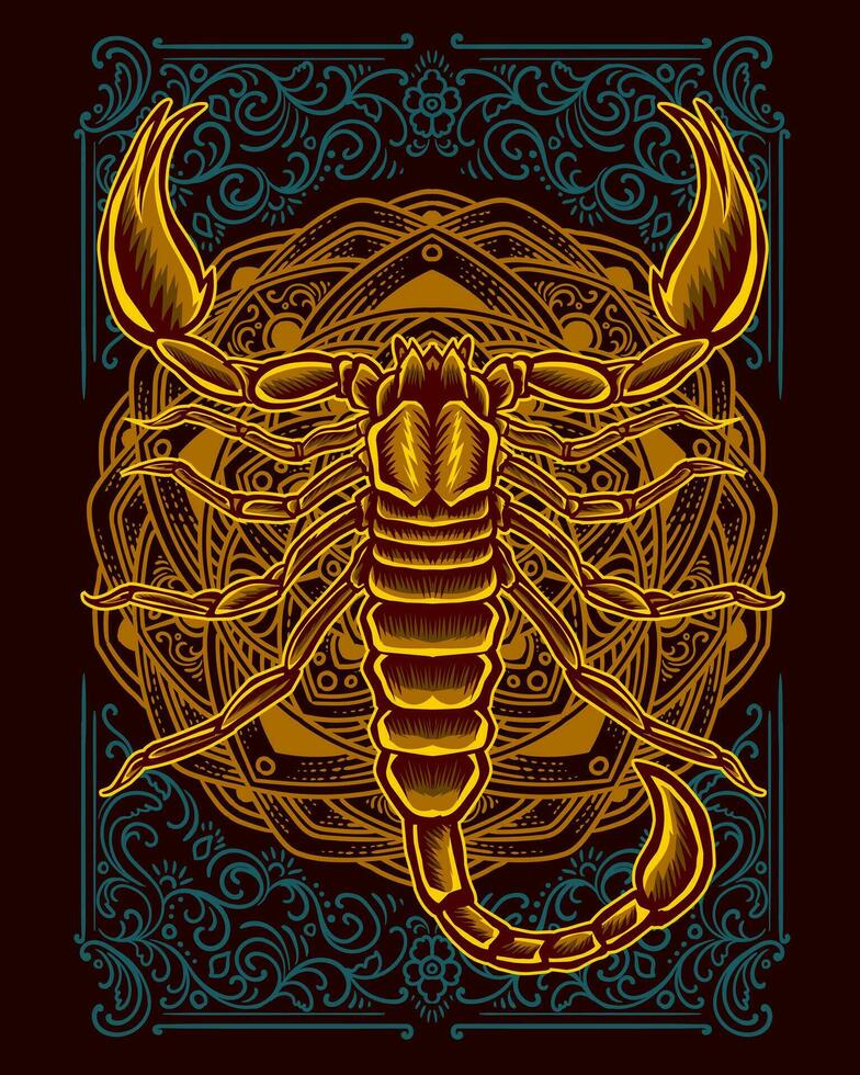 scorpion on antique engraving ornament background vector