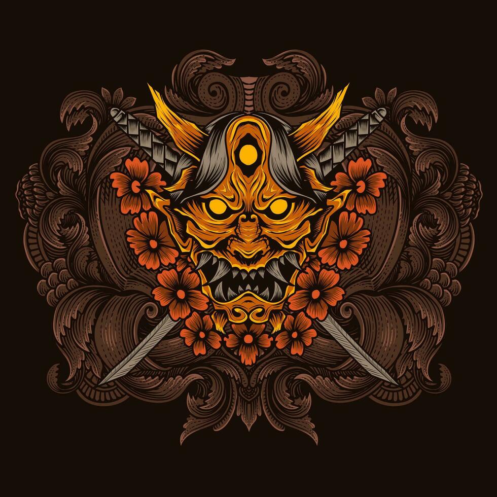 Oni mask with two sword and flower vector