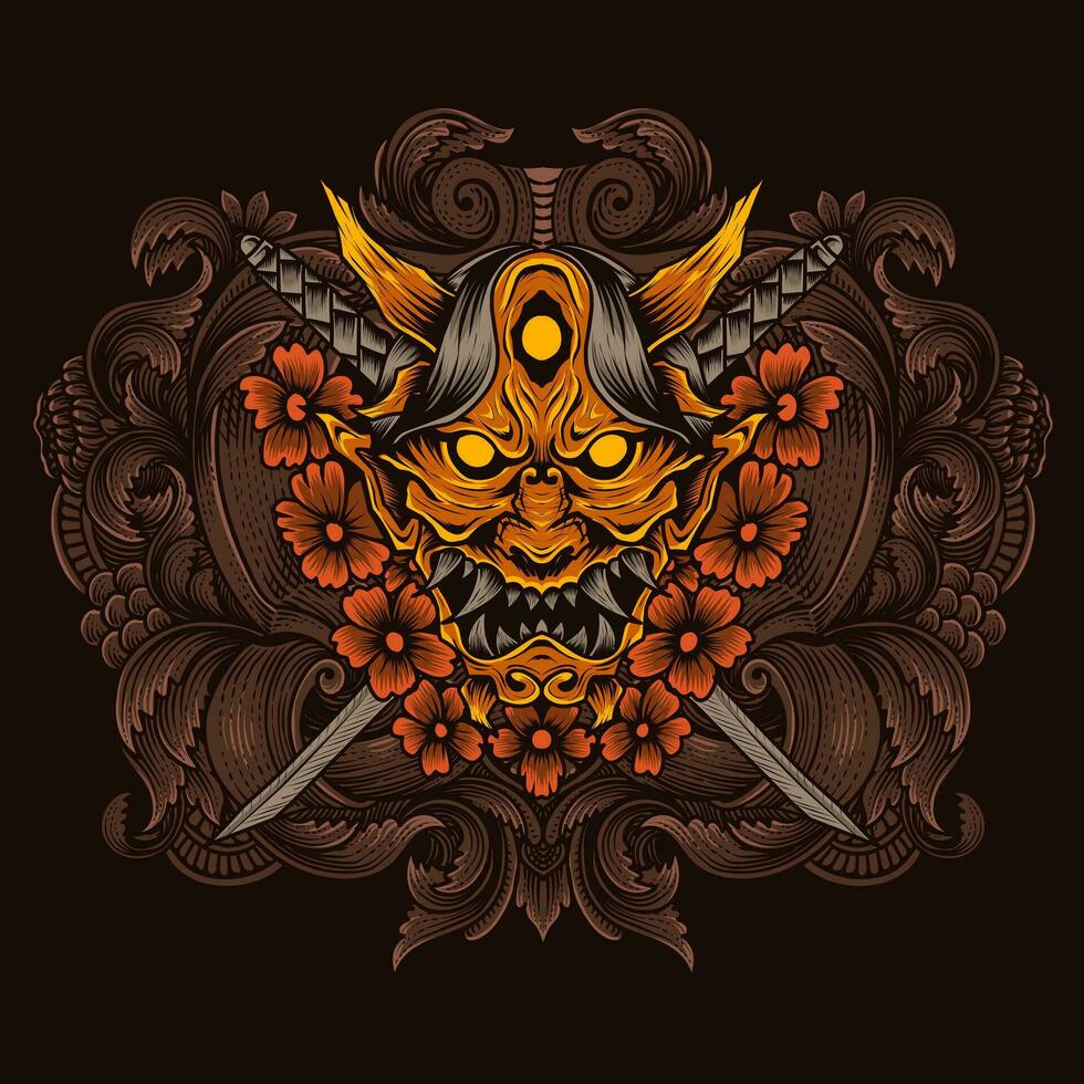 Oni mask with two sword and flower vector