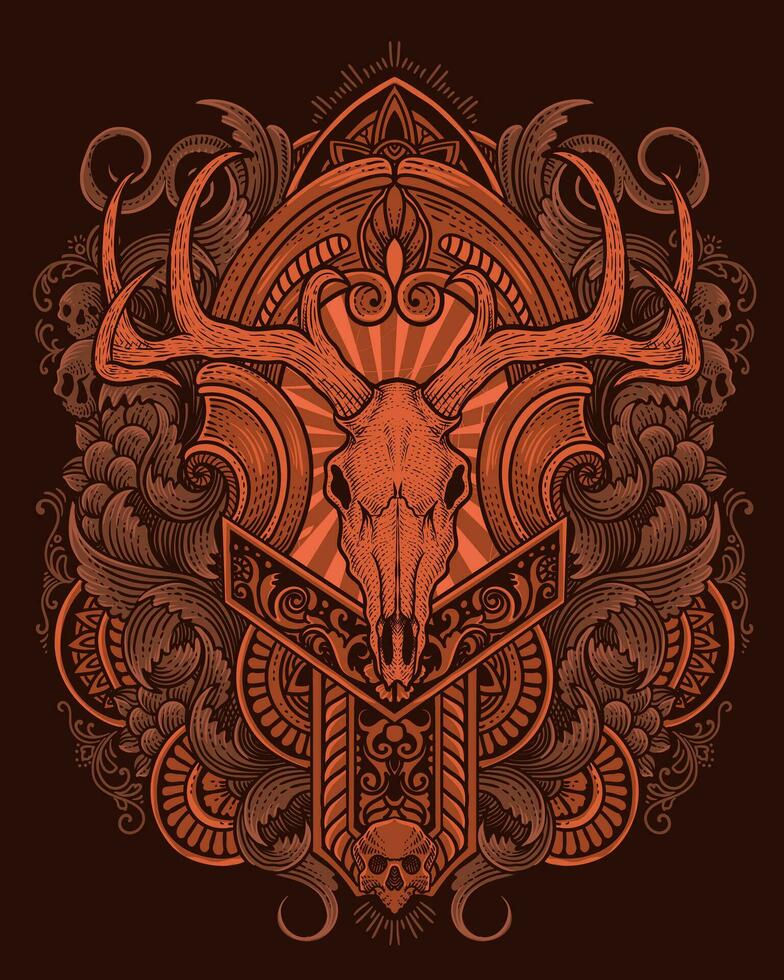 Deer skull with antique engraving ornament background vector