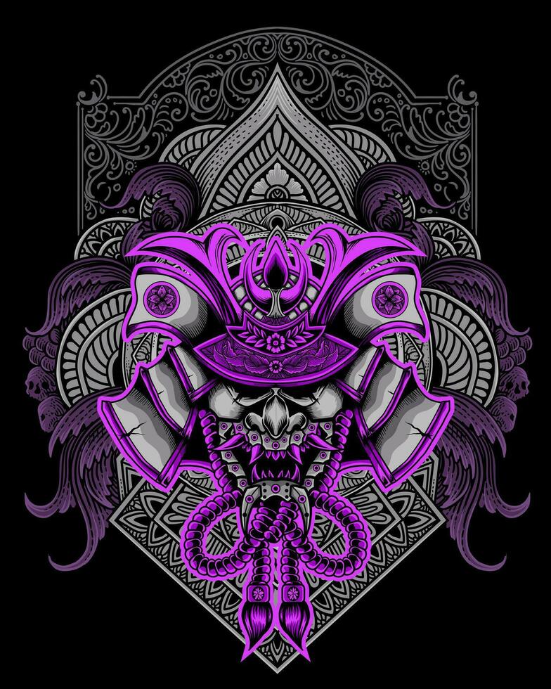 samurai cabeza con antiguo grabado ornamento estilo vector