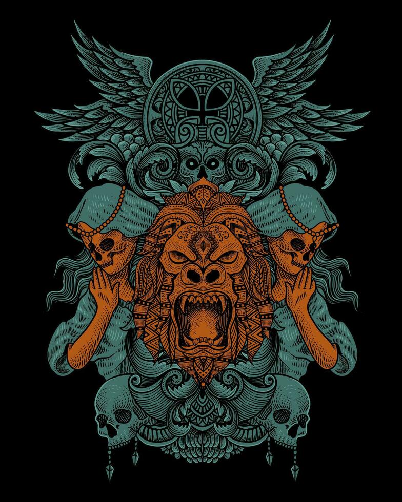 gorilla head tribal style with antique engraving ornament vector