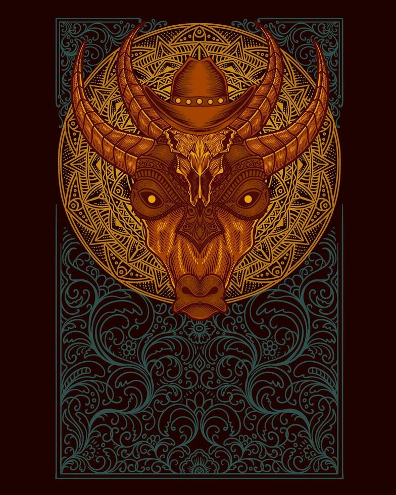 Cow head with vintage engraving ornament vector