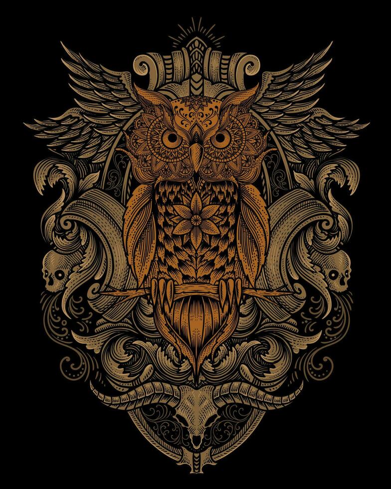 búho pájaro mandala estilo con antiguo grabado ornamento vector
