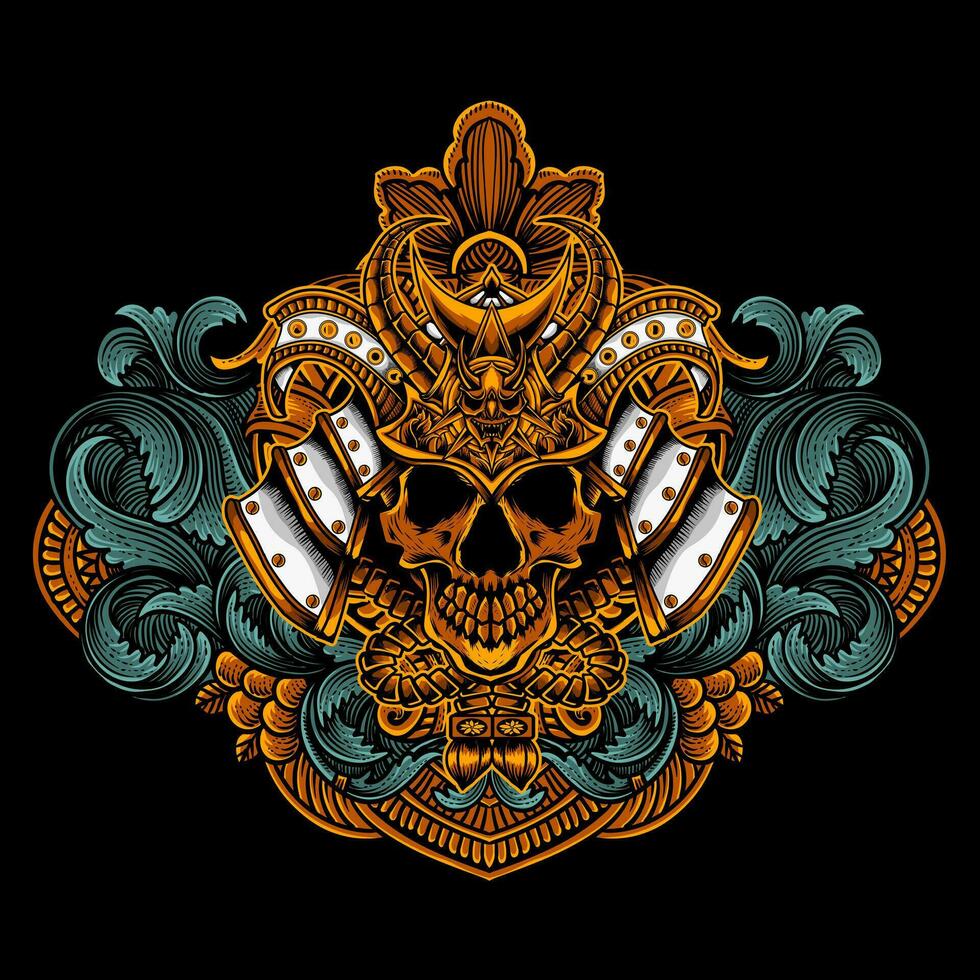 Samurai skull head with antique engraving ornament vector