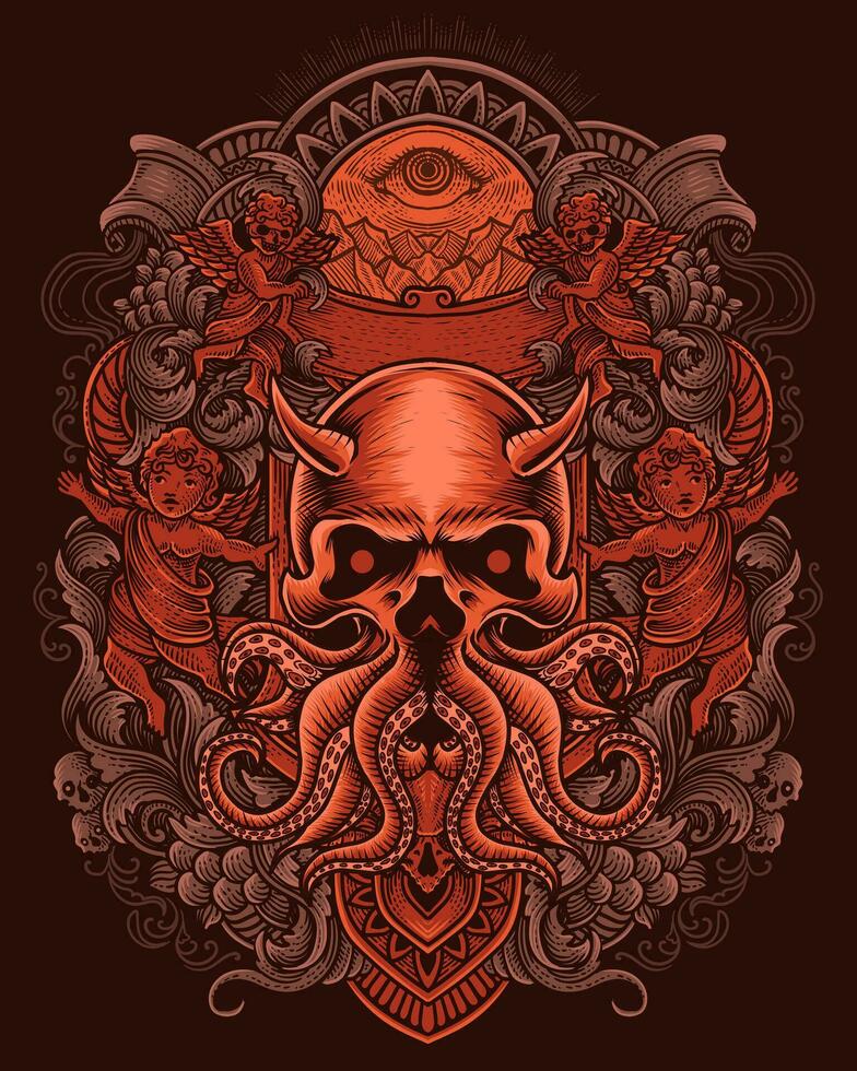 Skull octopus with vintage engraving style vector