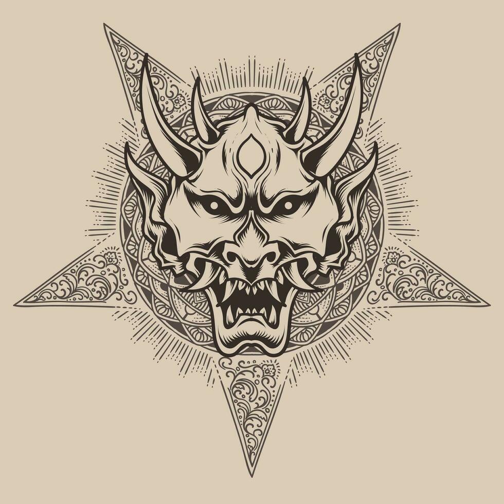 Demon mask with two sword and flower vector