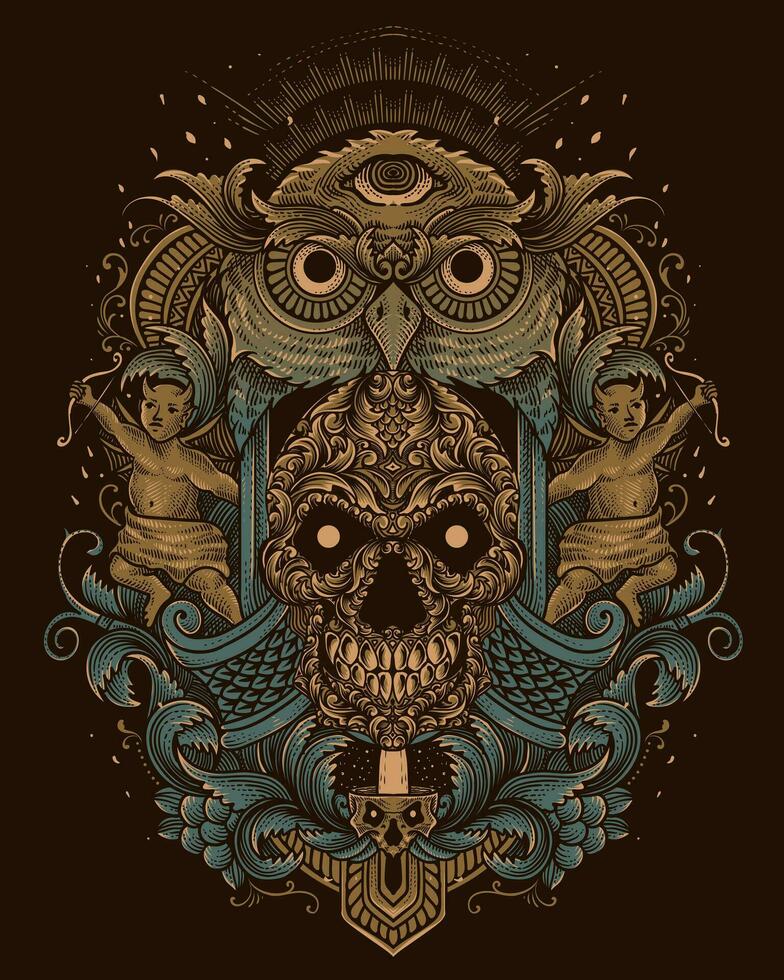Skull head ornament style with Two baby demon engraving style vector