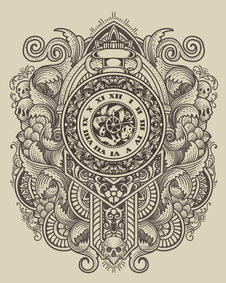 antiguo reloj con Clásico grabado ornamento antecedentes vector