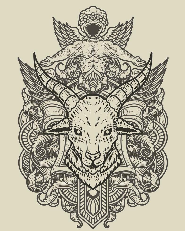 Goat head with antique engraving ornament background vector