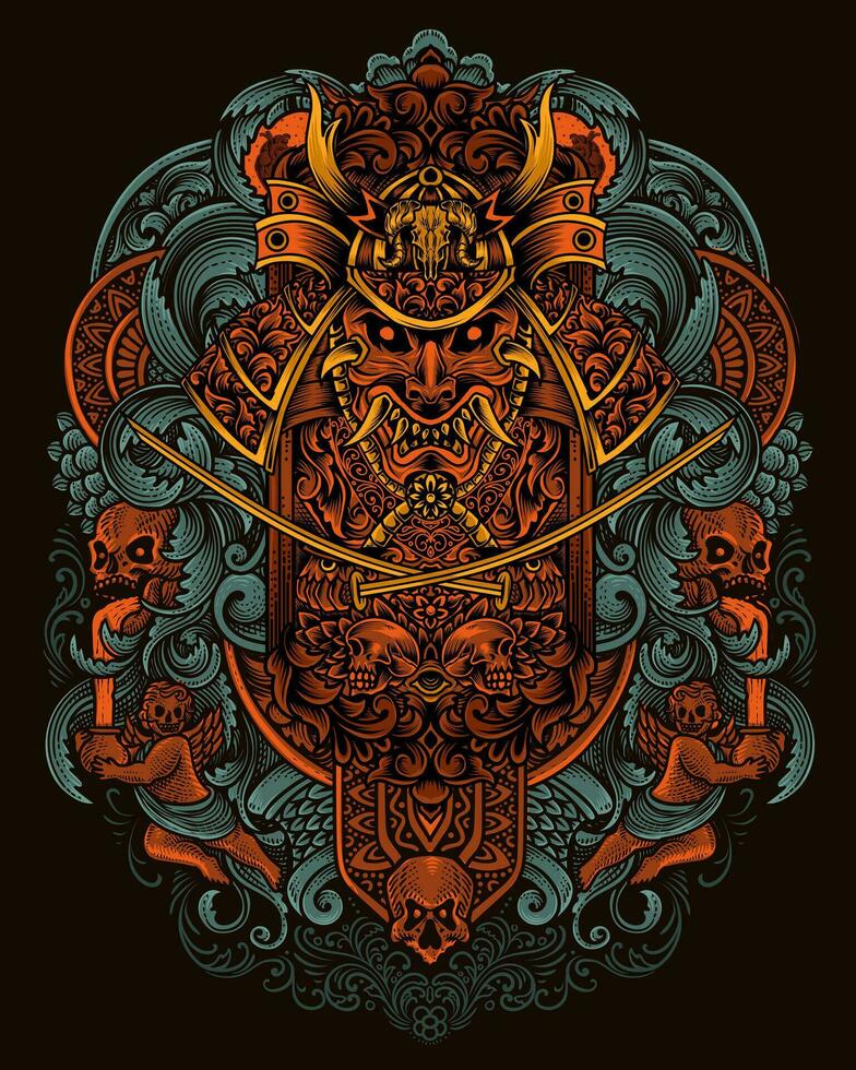 Samurai head with antique engraving ornament vector