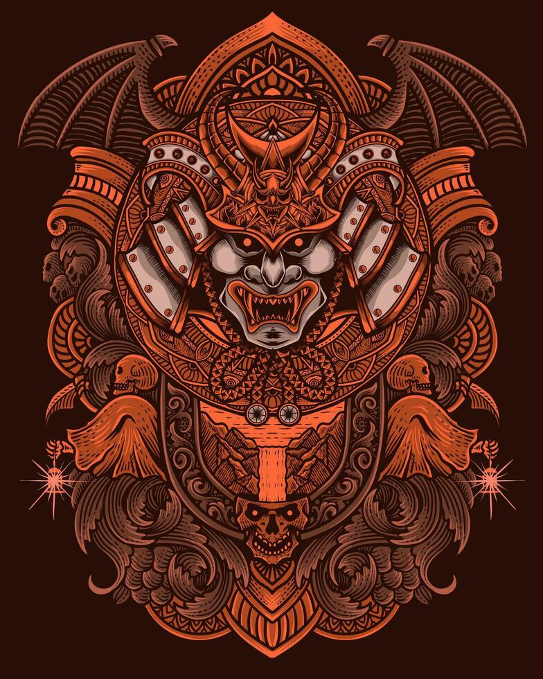 Samurai head with antique engraving ornament style vector