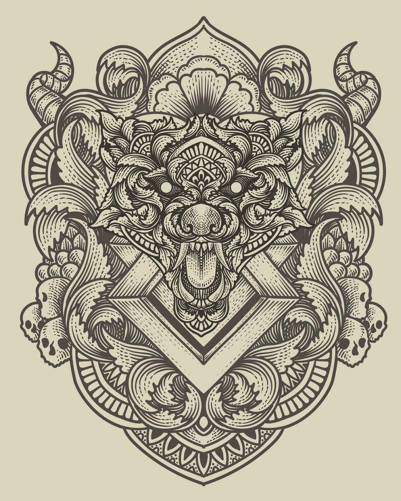 Wolf head tribal style with antique engraving ornament vector