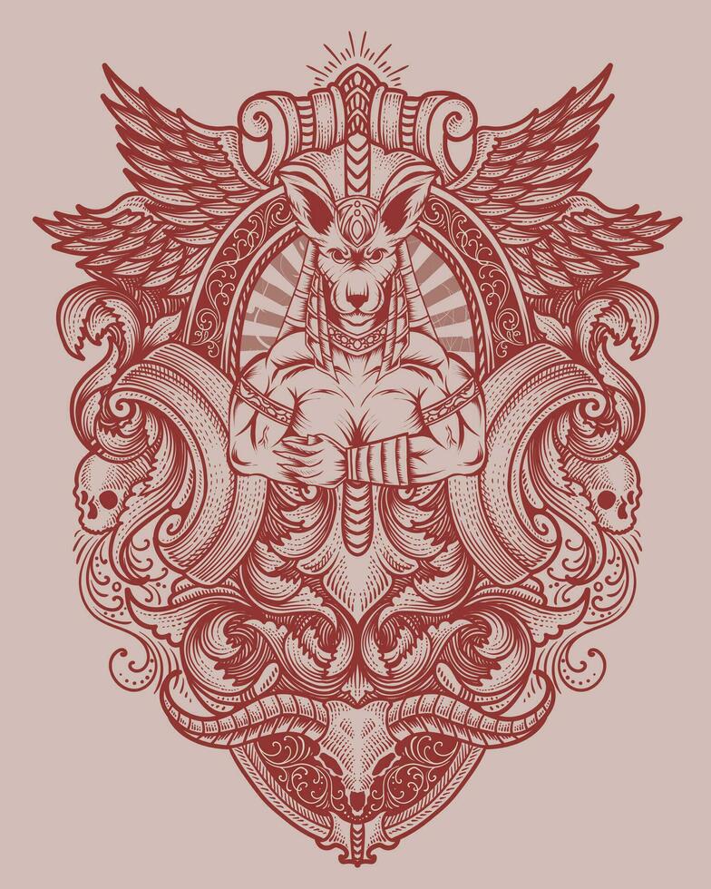 anubis Dios con antiguo grabado ornamento vector