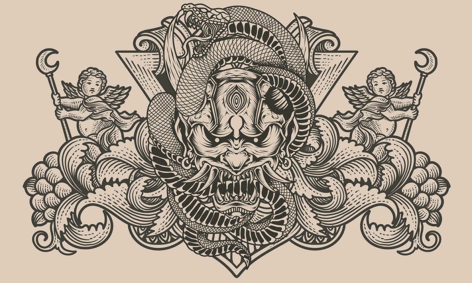 Demon mask with snake engraving style vector