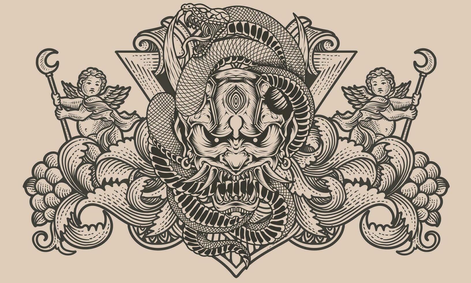 Demon mask with snake engraving style vector