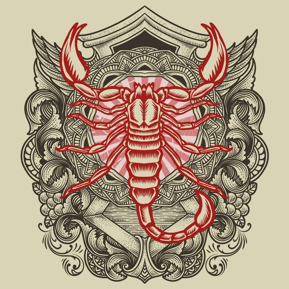 scorpion on antique engraving ornament background vector