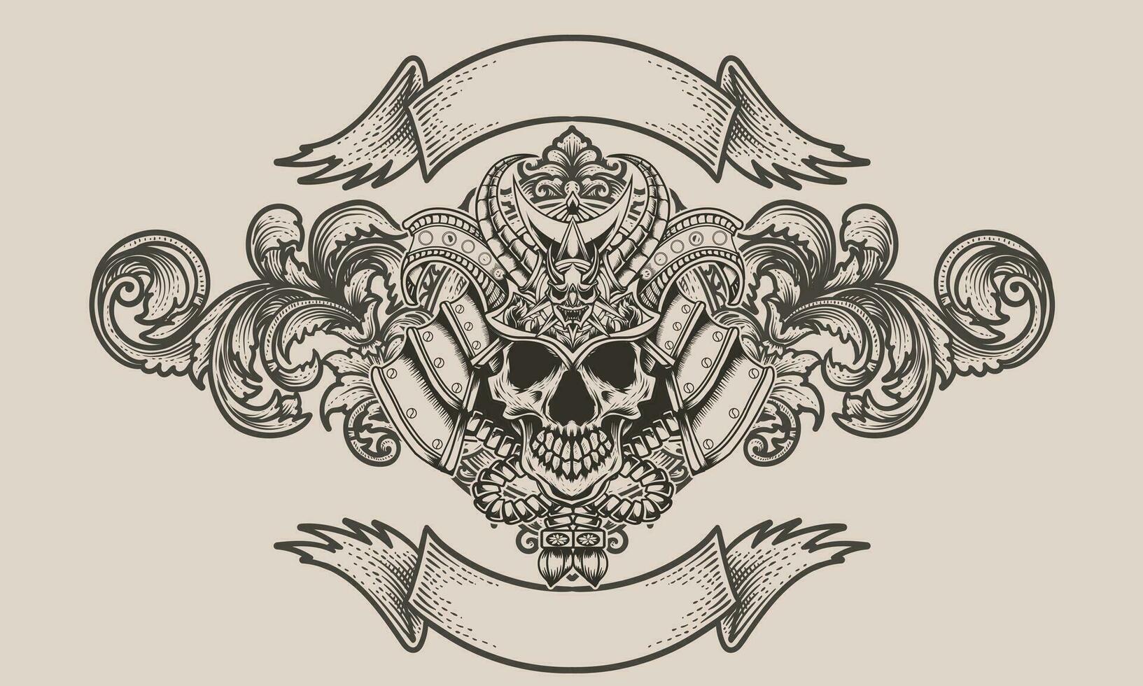 Samurai head with antique engraving ornament style vector