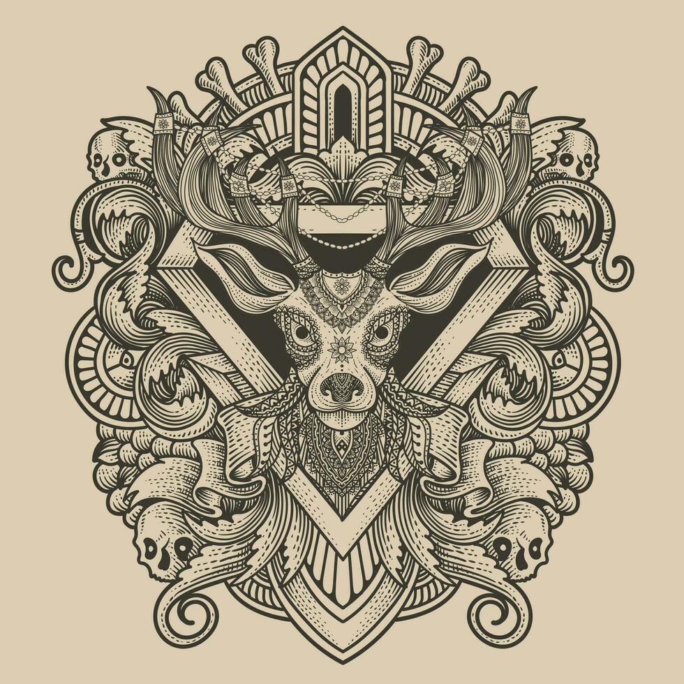 Deer head tribal style with antique engraving ornament vector