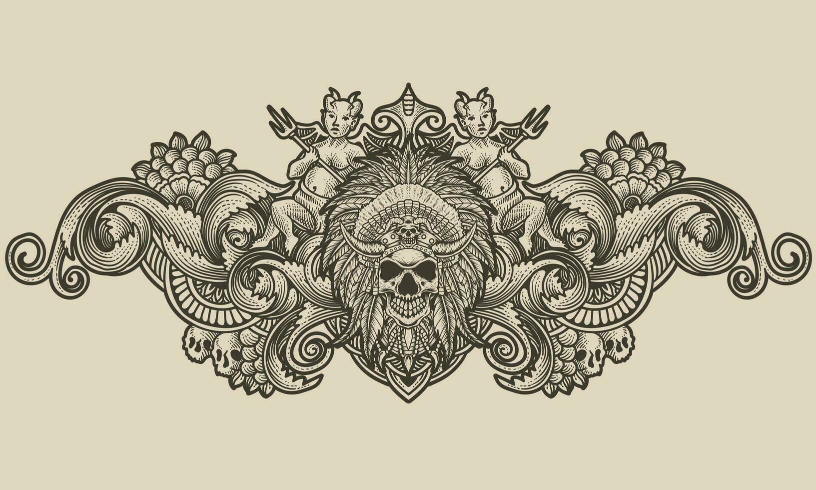 Indian apache skull head with vintage engraving ornament vector