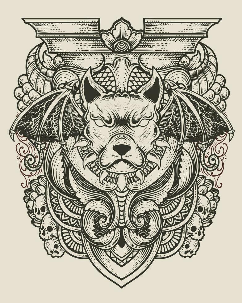 Demon dog with antique engraving ornament vector