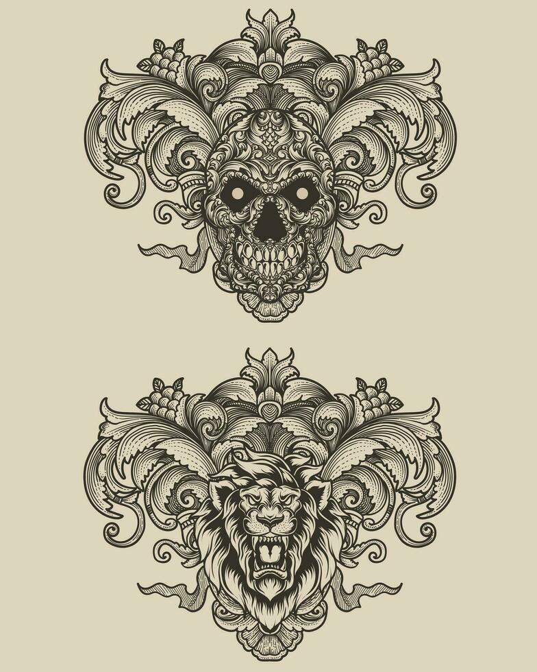 conjunto cráneo y león con grabado estilo vector