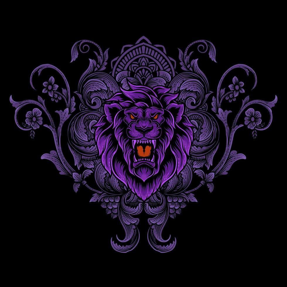 Lion head with two demon antique engraving style vector
