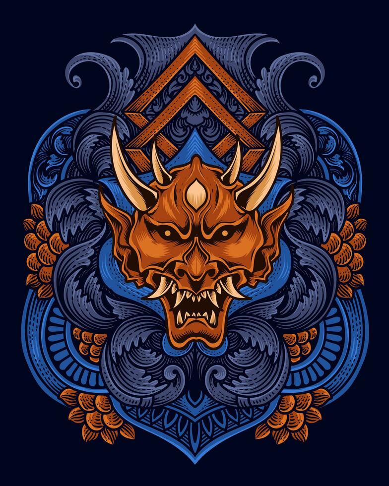 Demon mask with two sword and flower vector