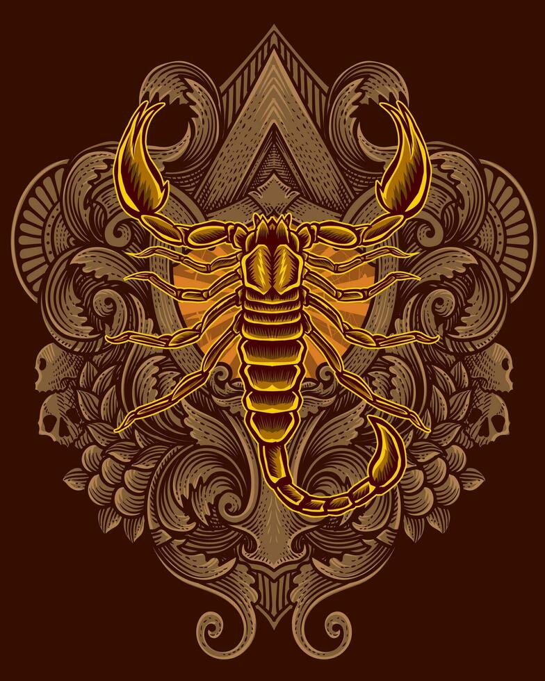 scorpion on antique engraving ornament background vector
