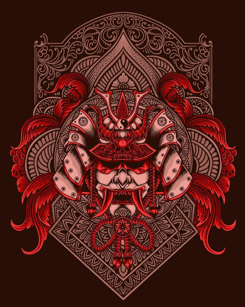 Samurai head with antique engraving ornament style vector