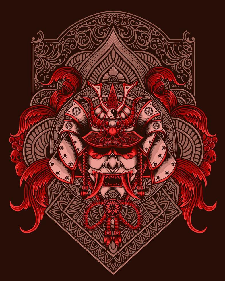 samurai cabeza con antiguo grabado ornamento estilo vector