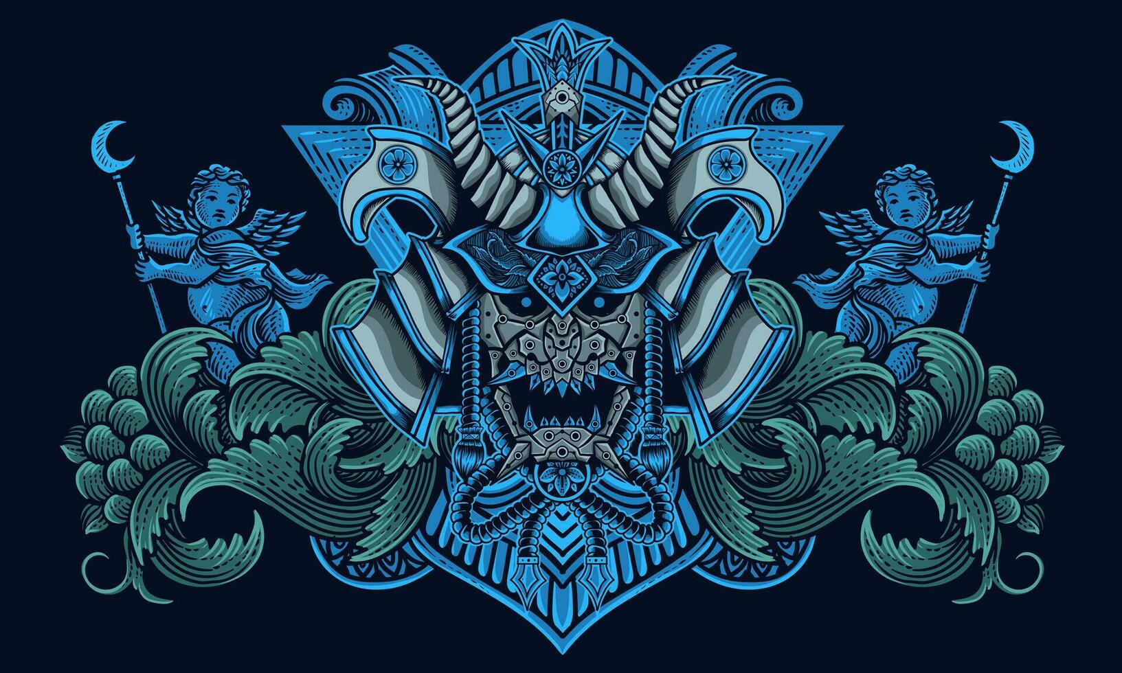 samurai cabeza con antiguo grabado ornamento estilo vector