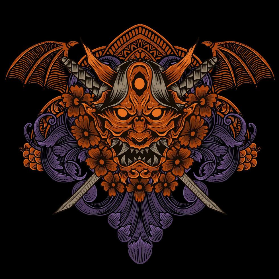 Oni mask with two sword and flower vector