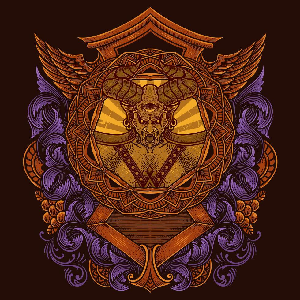 Demon head on antique engraving frame vector