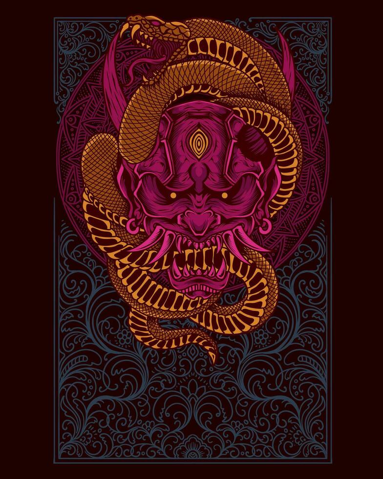 Demon mask with snake engraving style vector