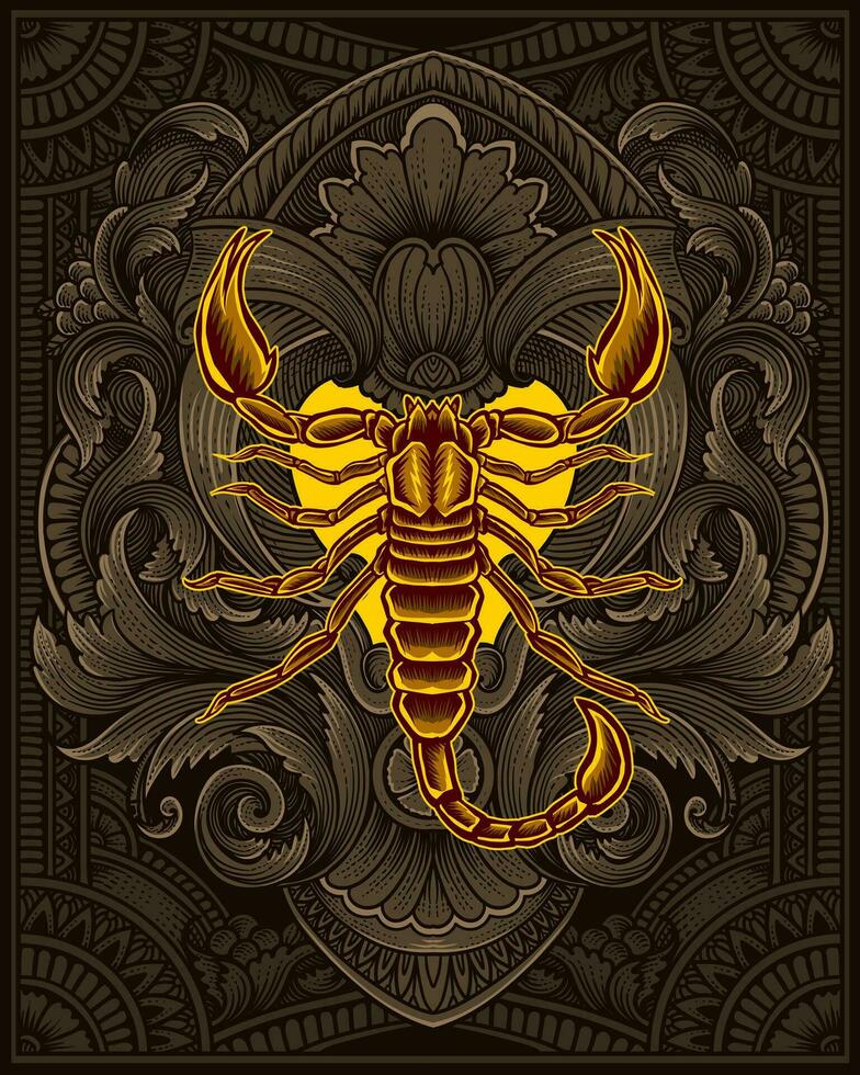 scorpion on antique engraving ornament background vector