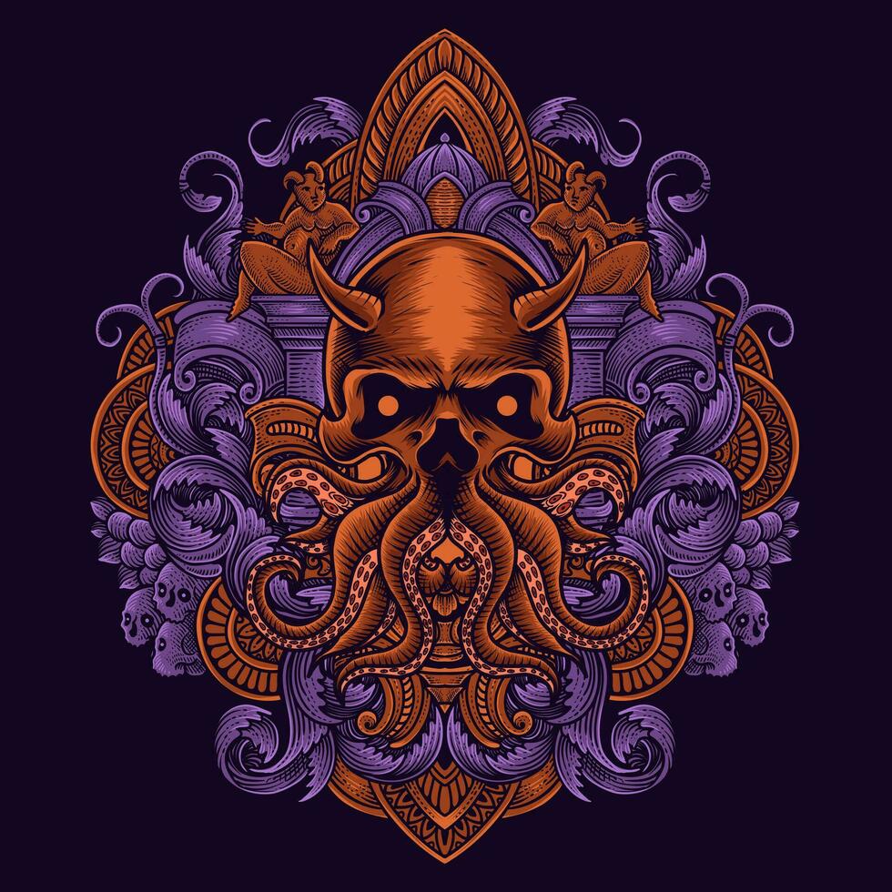 King octopus with antique engraving ornament vector