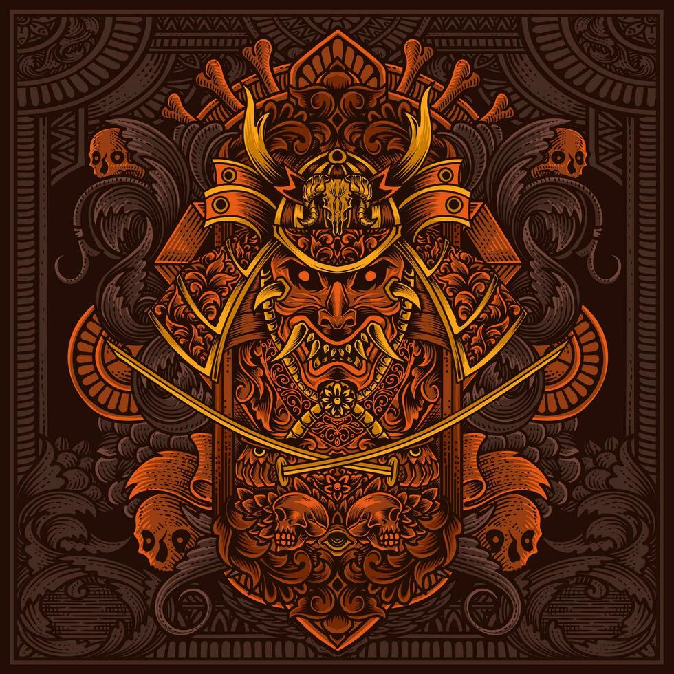 Samurai head with antique engraving ornament vector