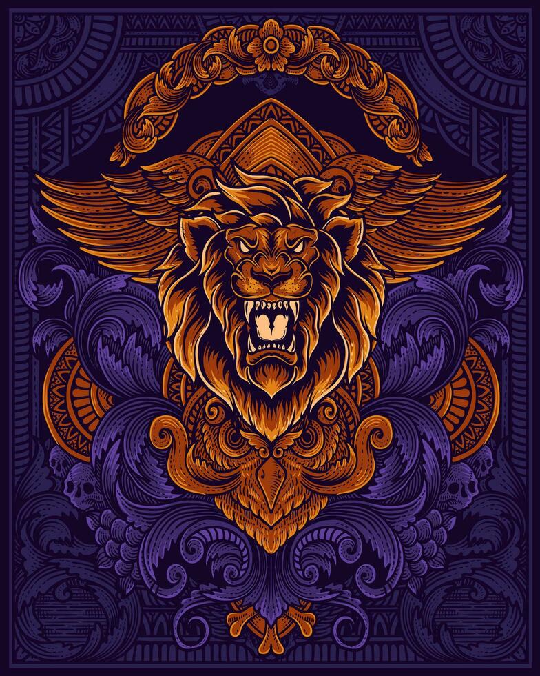 Lion head with two demon antique engraving style vector