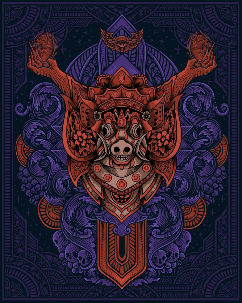 Barong bangkung mask balinese cultural with vintage engraving ornament vector
