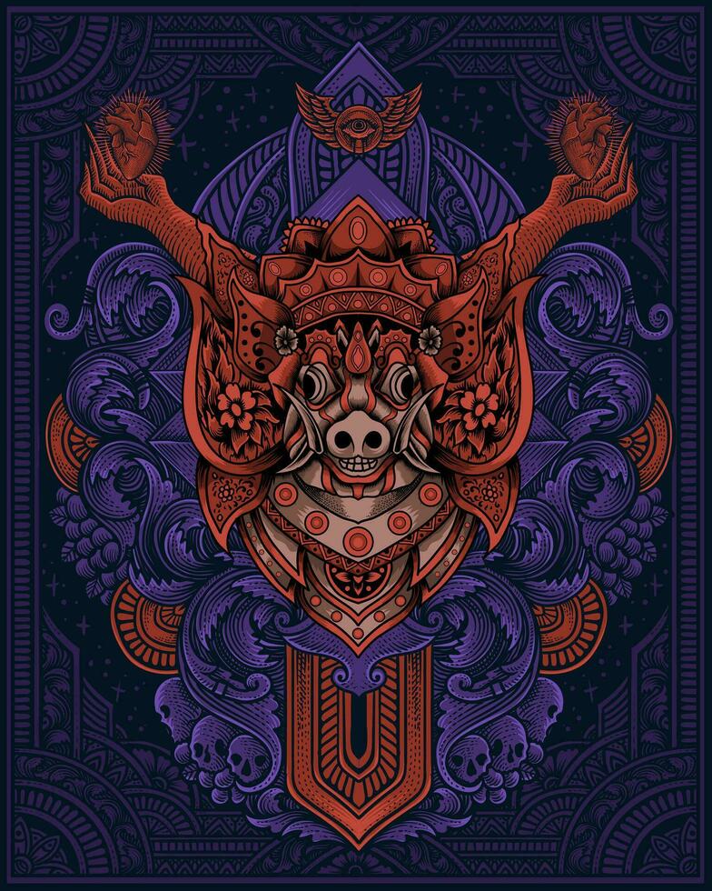 barong explosión máscara balinés cultural con Clásico grabado ornamento vector