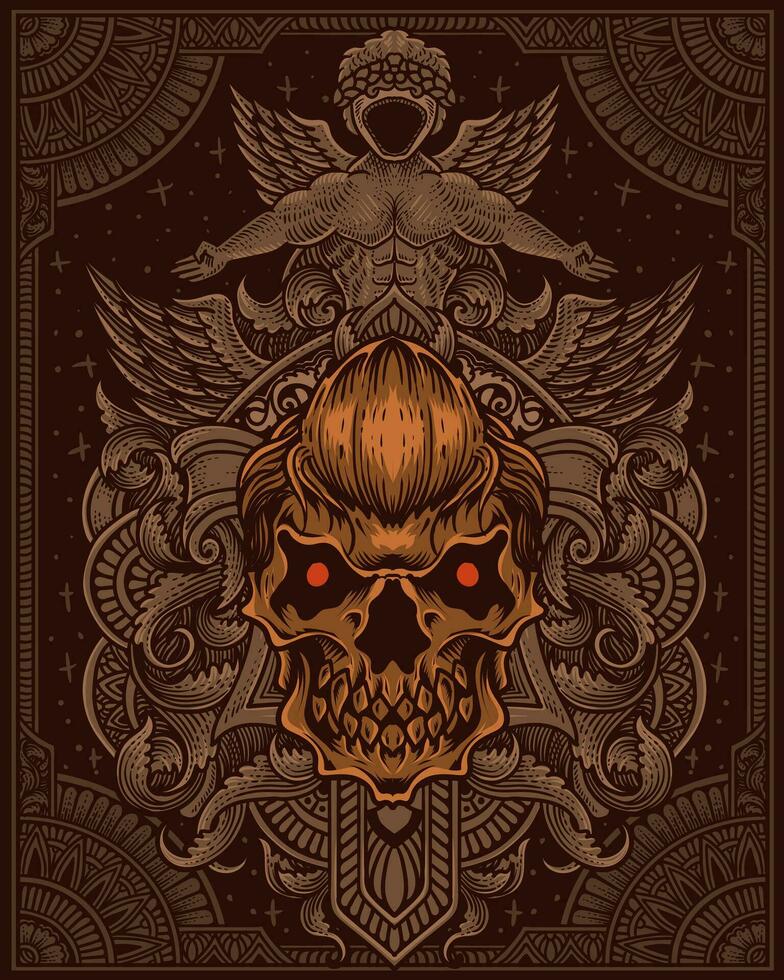 demon skull with antique engraving ornament vector